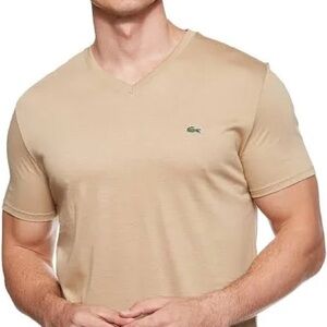 Lacoste Tan V-Neck Tee with Logo